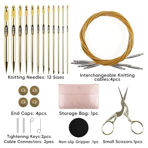 27Pc Gold Plated Tunisian Crochet Hooks Set 3mm-10mm, Interchangeable Aluminum Crochet Hook with Cable, Long Crochet Hooks...