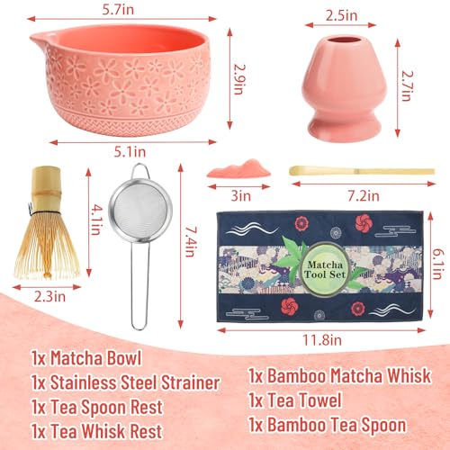 Matcha Whisk Set, 7Pcs Pink Matcha Kit for Ceremony, Handcrafted Gifts for Women, Traditional Ceramic Matcha Bowl with Spo...