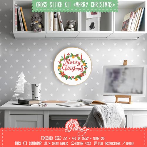 'Merry Christmas' Counted Cross Stitch Kit - DIY Holiday Ornament Embroidery Set with Paper Pattern, Threads & 14ct Aida -...