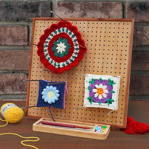 HHSarioneiro 11.8" Crochet Blocking Board with 16 Pins/Pegs, Granny Square Blocking Boards for Crochet Projects, Wooden Cr...
