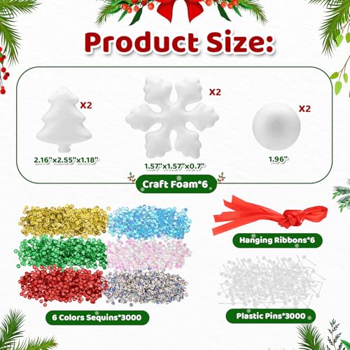 Naler 6 PCS Christmas Sequin Ornament Making Kit - Includes Ball, Snowflake, Tree Styrofoam, Make Your Own Christmas Ornam...