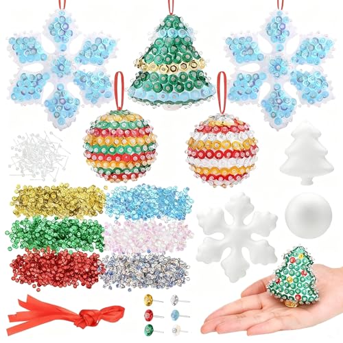 Naler 6 PCS Christmas Sequin Ornament Making Kit - Includes Ball, Snowflake, Tree Styrofoam, Make Your Own Christmas Ornam...