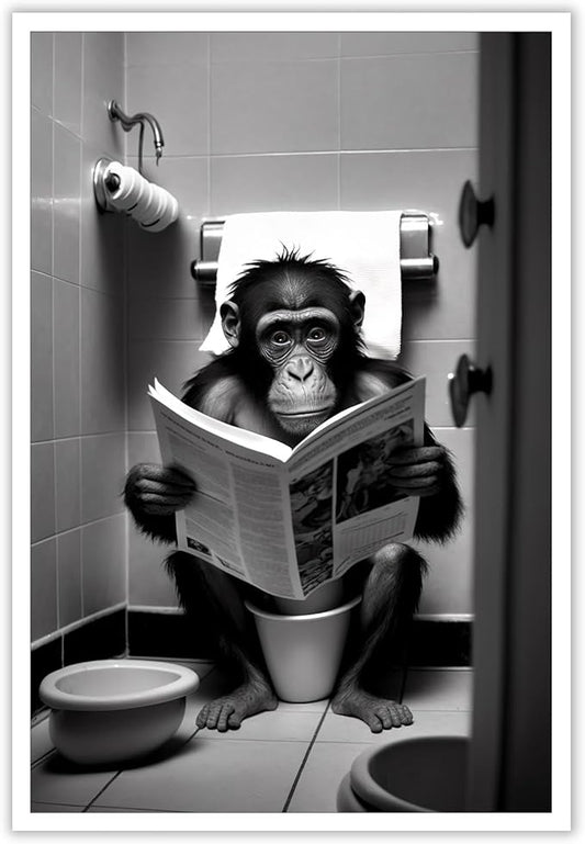 KOEUIRW Funny Gorilla Bathroom Canvas Wall Art Cute Monkey In Toilet Posters Black and White Animal Prints Painting Maxima...