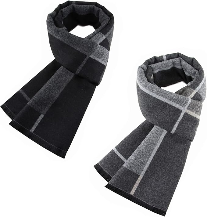 Pibupibu 2 Packs Cashmere Feel Men Scarf for Winter Outdoors, Black Grey Plaid Soft Warm Scarf