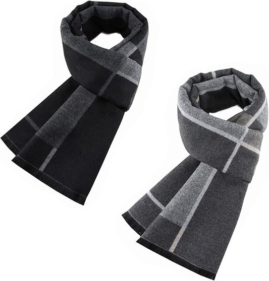 Pibupibu 2 Packs Cashmere Feel Men Scarf for Winter Outdoors, Black Grey Plaid Soft Warm Scarf