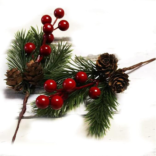 Pine Cone Red Berry Picks Stems Crafts Branch Christmas Wreath - 10Packs, Holly Artificial Evergreen Branches Tiny Pine Co...