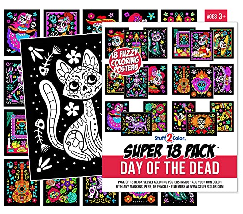 Super Pack of 18 Fuzzy Velvet Coloring Posters (Kids Themed - Day of the Dead) - Halloween and Dia de Los Muertos Coloring...