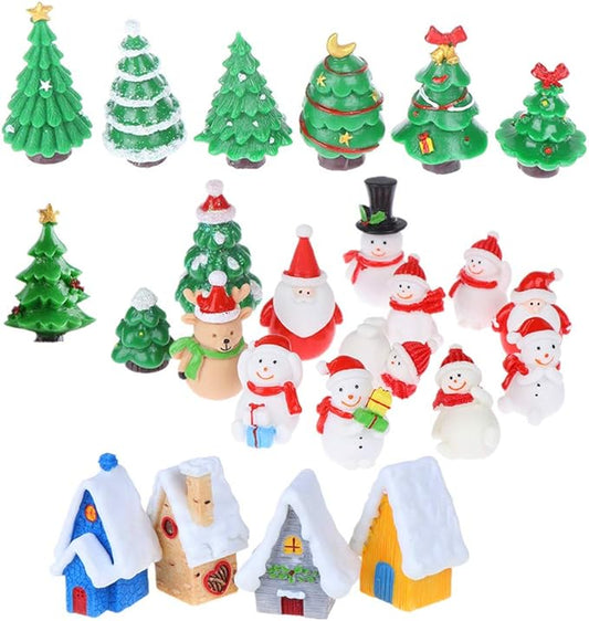 37YIMU 24 Pieces Miniature Resin Toys Christmas Tree Snowman Santa Claus Houses Figurines Fairy Garden Landscape Crafts Or...