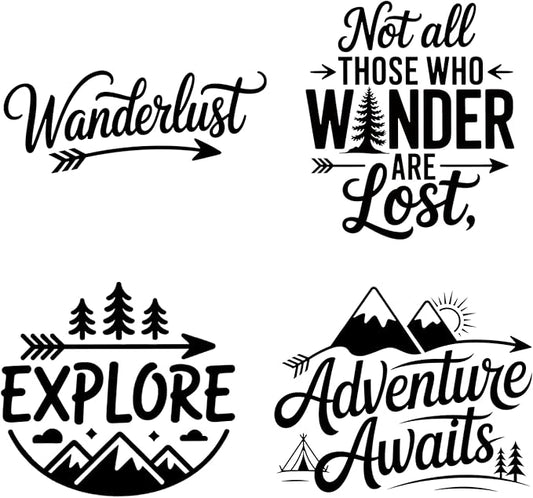 (4PCs) Adventure Quote Decal Set Black UV DTF Decal Waterproof Durable Easy to Apply Adventure Awaits Explore Wanderlust B...