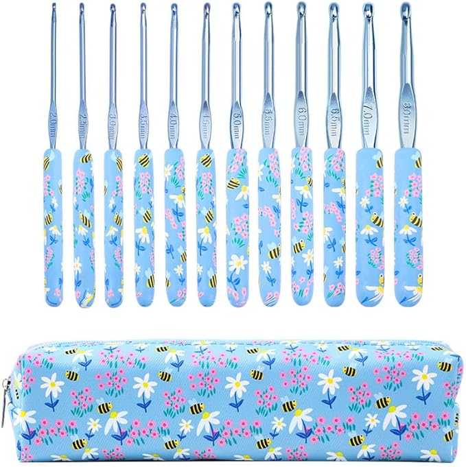 Blingcute Ergonomic Crochet Hooks Set – 12 Sizes (2.0mm–8.0mm), Soft Grip Handles with Smooth Aluminum Needles, Portable C...