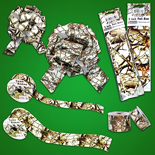 White Hunting Camo Ribbon & Bows Gift Wrapping Kit - 40 Yards of White Camouflage Ribbon and 5 Camo Bows for Gifts, Christ...