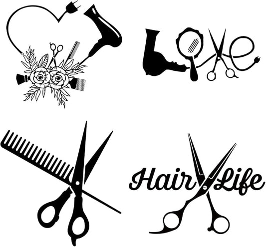 (4PCs) Hair Style Decal Set Black UV DTF Decal Waterproof Durable Easy to Apply Scissors Comb Hair Dryer Heart Salon Tools...