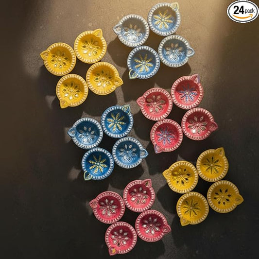 (Pack of 24) Clay Diyas with Cotton Wicks, Diwali Decorations for Home, Mitti Diyas for Pooja, Indian Pooja Decor for Mand...