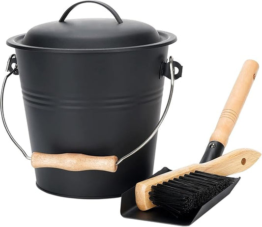1.5-Gallon Metal Ash Bucket with Lid, Shovel, Broom - For Fireplaces, Wood Stoves