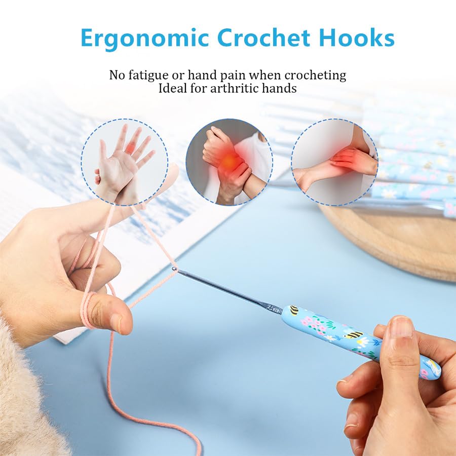Blingcute Ergonomic Crochet Hooks Set – 12 Sizes (2.0mm–8.0mm), Soft Grip Handles with Smooth Aluminum Needles, Portable C...