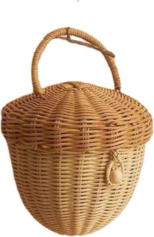 Partslety Acorn Basket With Lid Storage Basket Hand Bag Rattan Acorn Storage Basket Organizer Cute Handcrafted Gift Decora...