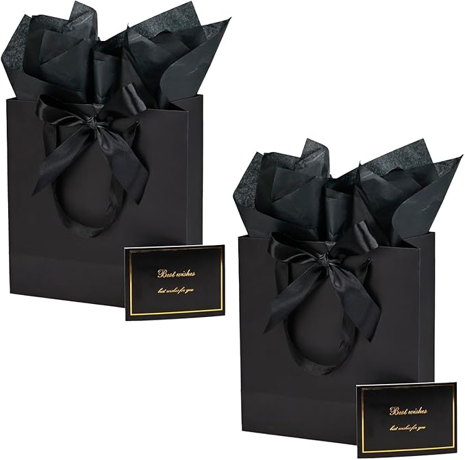 Papertide 2 Pack 10x4.5x11 Inch Large Black Gift Bag Set with Tissue Paper, Greeting Card & Ribbon, Big Gift Wrapping Kits...