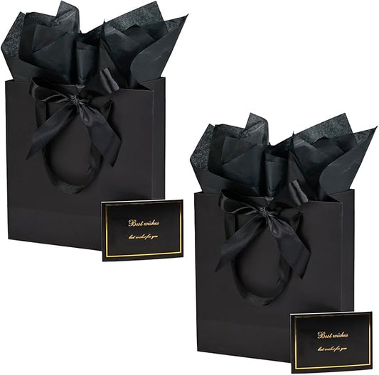 Papertide 2 Pack 10x4.5x11 Inch Large Black Gift Bag Set with Tissue Paper, Greeting Card & Ribbon, Big Gift Wrapping Kits...