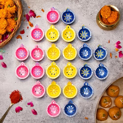 (Pack of 24) Clay Diyas with Cotton Wicks, Diwali Decorations for Home, Mitti Diyas for Pooja, Indian Pooja Decor for Mand...