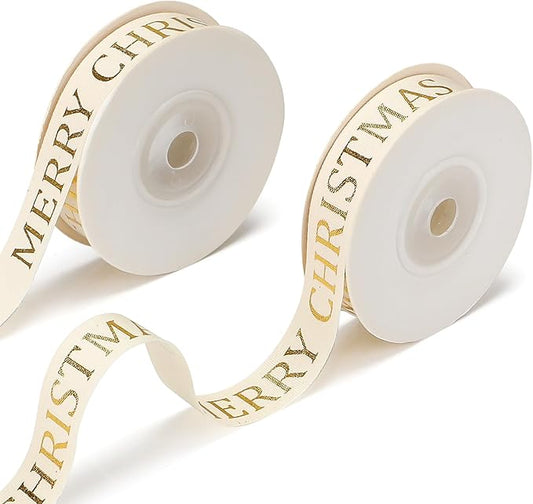 Daifunli White Christmas Ribbon Bulk for Gift Wrapping 5/8" Glitter Gold Merry Christmas Cotton Ribbon Xmas Bows for Craft...