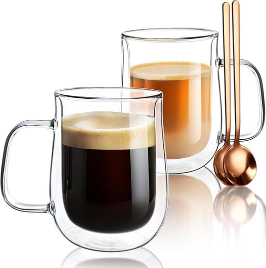 Double Walled Glass Coffee Mugs 16 OZ, Borosilicate Glass Coffee Cups Set of 2 with Spoons, Insulated Clear Coffee Mug for...