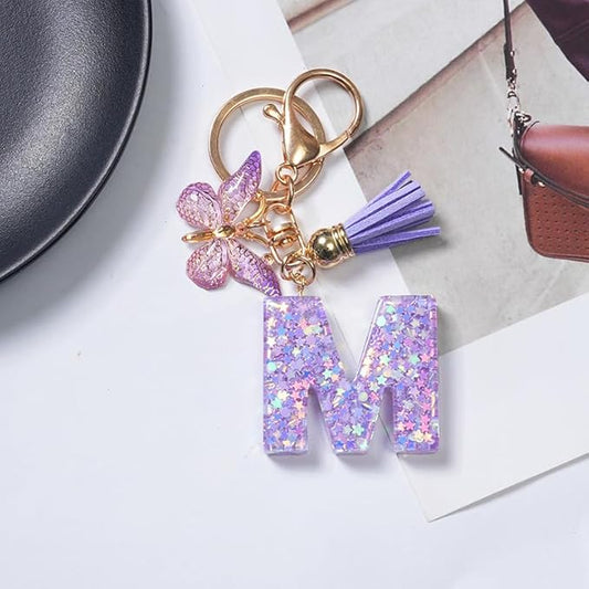 Personalized Initial Letter Keychain with Tassel & Butterfly Charm, Cute Resin Key Ring for Women