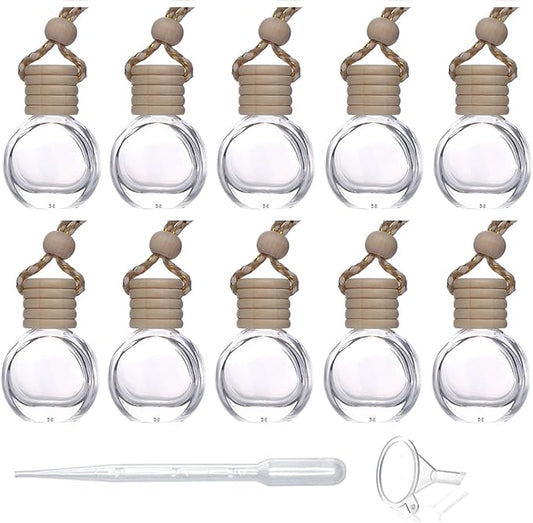 USRommaner 10 Pcs 8ml Hanging Essential Oil Diffuser,Empty Clear Glass Oblate Car Air Freshener Perfume Aromatherapy Penda...