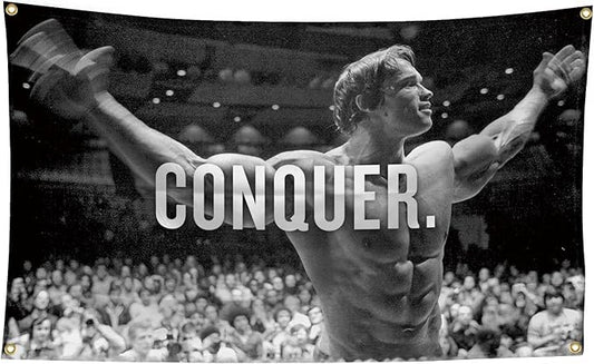 Arnold Schwarzenegger Conquer Motivational Inspirational Office Gym Wall Decor Flag Banner，3x5 Feet Flag Funny Poster Dura...