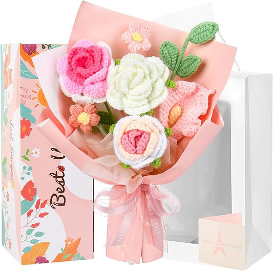 MengxFly Crochet Flower Bouquet Pink, Handmade Crochet Flowers Bouquet, Knitted Floral Gift for Her Valentines Day Anniver...