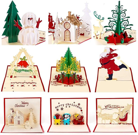 HBlife 9 Pack 3D Christmas Cards Pop Up Holiday Postcards Greeting Handmade Holiday Xmas Cards & Envelopes for New Year