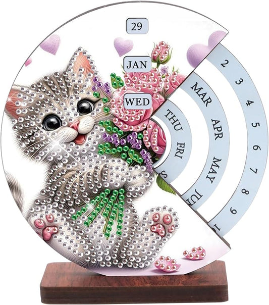 AiYuanzsh 3D Diamond Art Tabletop Perpetual Calendar Kit, DIY Wooden Desktop Ornament with Cute Cat Design, Sparkling Diam...