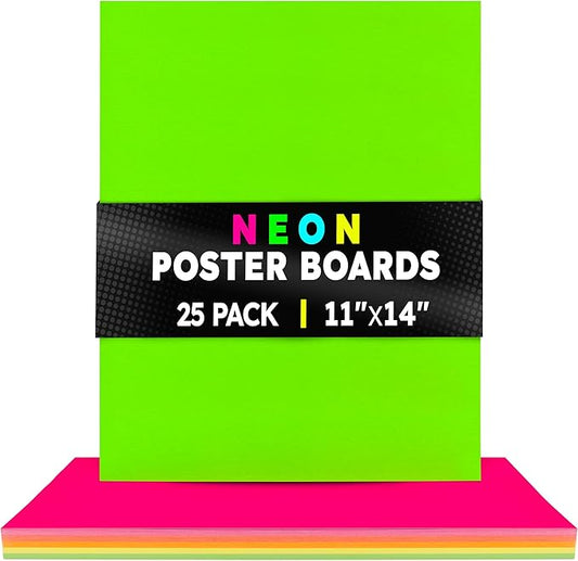Hygloss Medium Poster Board 11x14 - 25 Assorted Neon Color Poster Boards Bulk Pack - 10 Pt. Thickness Colored Poster Board...