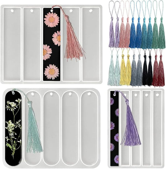 RESINWORLD Set of 3 Shiny Bookmarks Silicone Mold, Bookmark Resin Mold with Tassels, Small Medium Rectangle Bookmark Mold