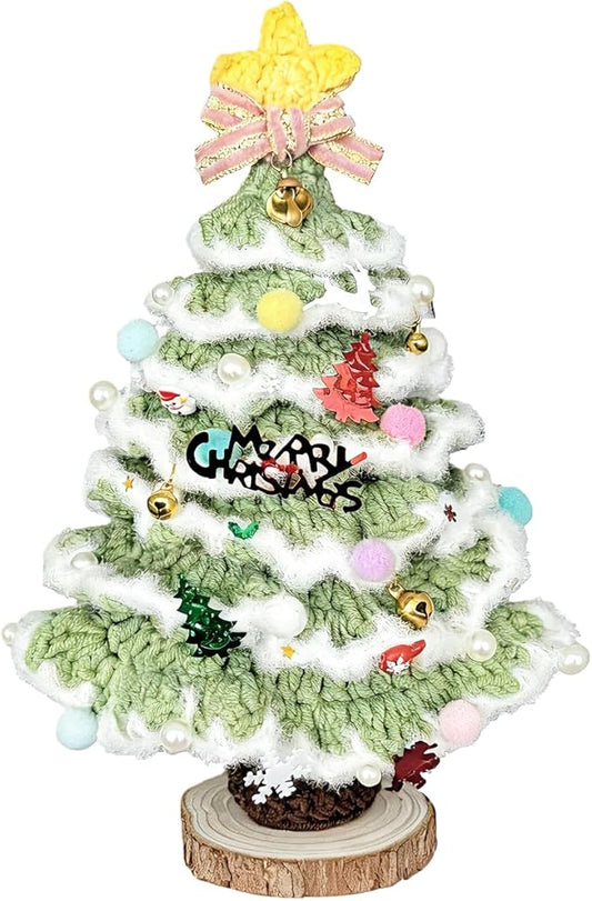 Rainbow Crochet Christmas Tree Decoration, Handmade Holiday Ornament with Pearls and Stars (Green)