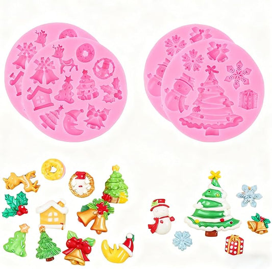 4 Pcs Christmas Silicone Molds, Christmas Candy Molds, Snowflake Christmas Tree Bell Holly Leaf Reindeer Santa Chocolate C...