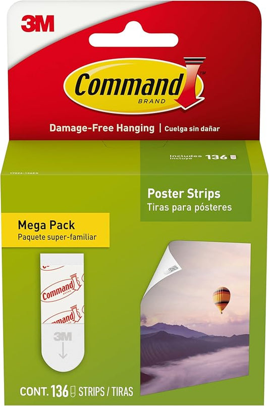 Command Poster Strips Damage Free Hanging Poster Hangers No Tools Wall Hanging Strips for Posters 136 White Command Adhesi...