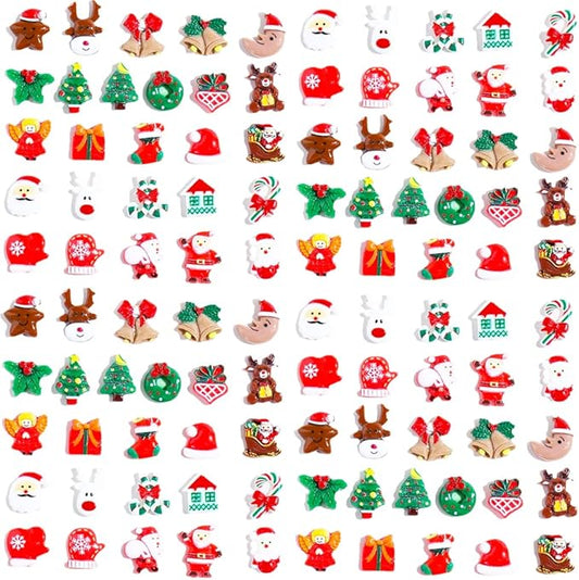 100pcs Christmas Slime Flatback Charms, Assorted Craft Resin Ornaments Miniature Ornaments Set, Santa Snowman Tree Bell Re...