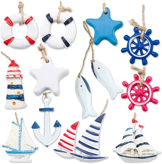 Daimay 12PCS Resin Nautical Ornaments Miniature Beach Ornament Kits Mini Seaside Anchor Lifebuoy Fish Seastar Model Micro ...