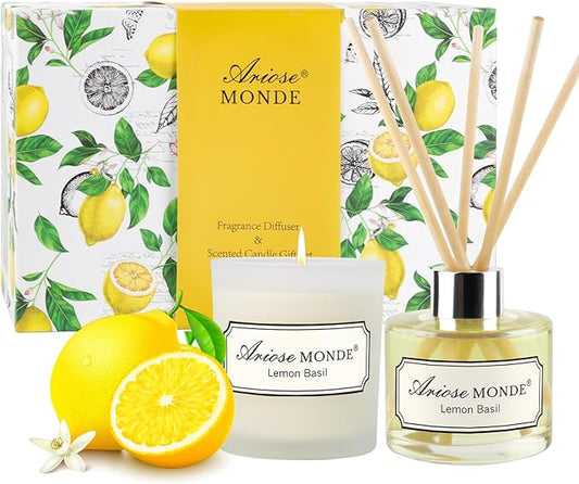 Reed Diffuser & Scented Candle Gift Set, Lemon Basil Oil Diffuser Sticks, Fragrance Diffuser & Soy Wax Candles in Glass Ja...