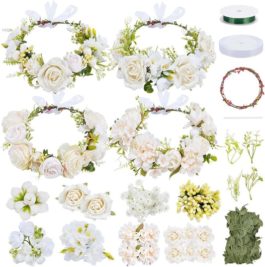 FREEBLOSS 100+pcs White Floral Crown DIY Kit Flower Crowns Making Kit DIY Floral Crown Garland Kit Wedding Hair Accessorie...
