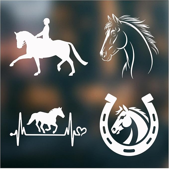 (4PCs) Horse Decal Set White UV DTF Decal Waterproof Durable Easy to Apply Horseshoe Horse Head Bumper Stickers Car Truck ...
