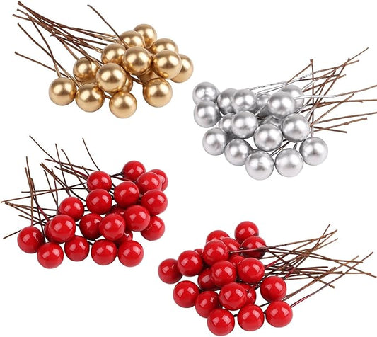 CCINEE 240Pcs Artificial Holly Berries, Mini 10 Mm Christmas Berries Stems Red Gold Silver Fake Holly Berry Sprigs for Chr...