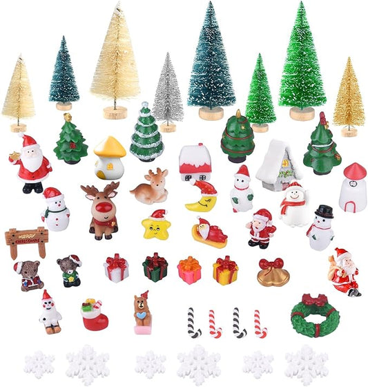 KUUQA 50 Pcs Mini Christmas Ornament Kits,Mini Christmas Trees Bottle Brush Trees with Resin Santa Claus, Snowman, Snowfla...