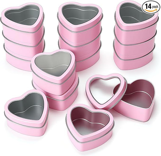 Goodma 14-Pack 2oz Empty Heart Shaped Metal Tins with Clear Window for Candle Making, Candies, Gifts & Treasures (Pink)