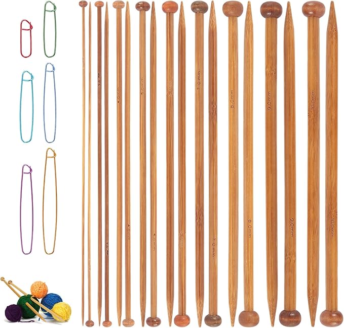 Bamboo Knitting Needles Set, 9 Pairs Single Point Straight Wood Needles for Beginners, Long Wooden Knitting Needles for Sw...