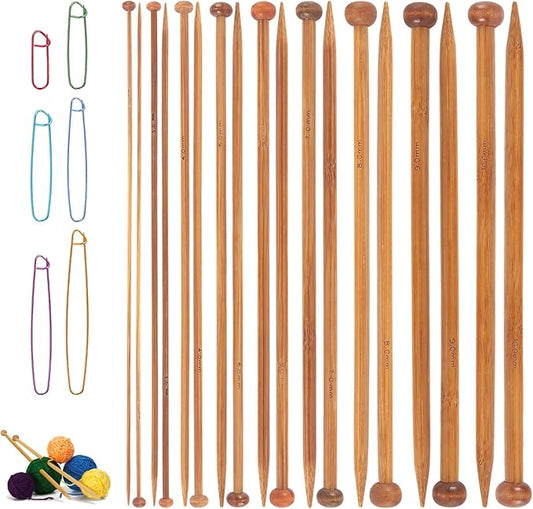 Bamboo Knitting Needles Set, 9 Pairs Single Point Straight Wood Needles for Beginners, Long Wooden Knitting Needles for Sw...