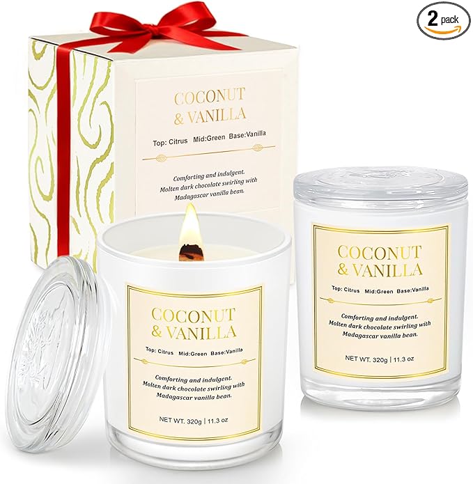 2 Pack Wood Wick Coconut & Vanilla Candle Gift Set – Long Lasting Soy Wax Candles with Gift Boxes, Holiday Aromatherapy Ca...