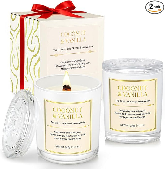 2 Pack Wood Wick Coconut & Vanilla Candle Gift Set – Long Lasting Soy Wax Candles with Gift Boxes, Holiday Aromatherapy Ca...