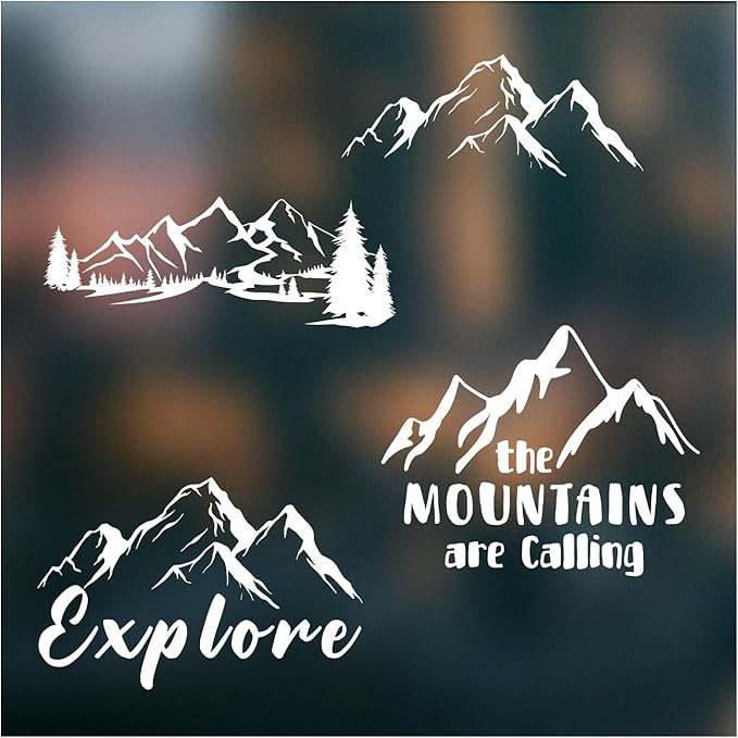 (4PCs) Mountain Adventure Decal Set White UV DTF Decal Waterproof Durable Easy to Apply Explore Mountains Landscape Nature...