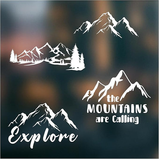 (4PCs) Mountain Adventure Decal Set White UV DTF Decal Waterproof Durable Easy to Apply Explore Mountains Landscape Nature...